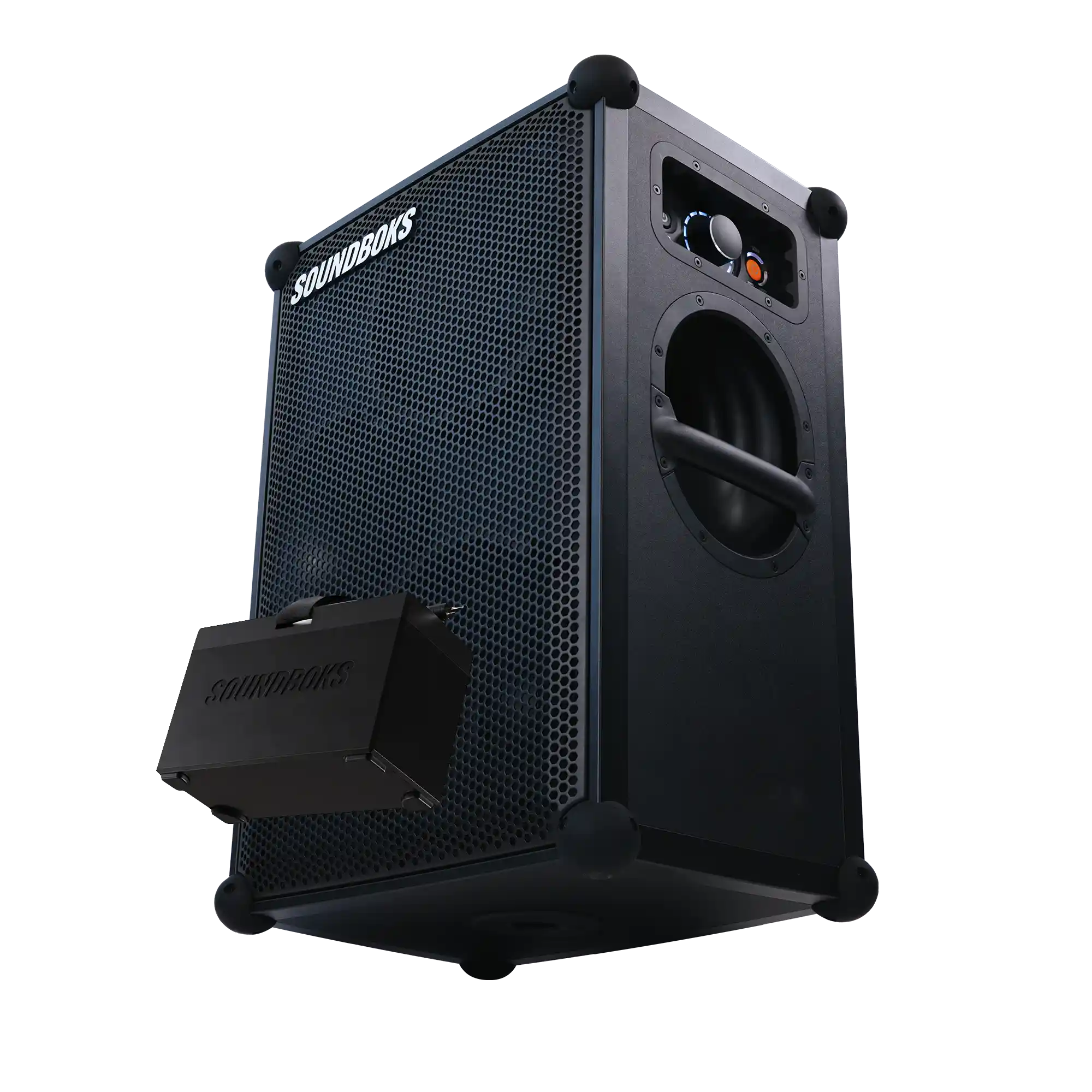 THE SOUNDBOKS 4 angled from below with an extra SOUNDBOKS battery#grillfarbe_schwarz,en:grill-color_black